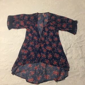 Red camel navy and red sheer kimono style cover up